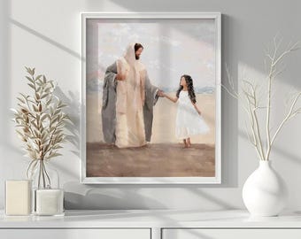 Jesus and a girl ( black hair ), Baptism Printable Card, Instant Download, watercolor painting with girl and Jesus, LDS baptism art