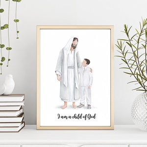 portrait Baptism, Jesus portrait with a boy ( Black hair ), I am a child of God, Christ walking with a boy, personalized baptism art