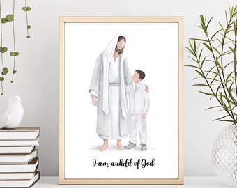 Retrato en acuarela de Jesús y un niño, regalo de bautismo (impresión digital)