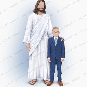 May include: An illustration depicts two figures: one in a white robe and sandals, the other in a blue suit, glasses, and a tie. The figures stand together against a light blue background. The artwork is signed "Alex Kovych Art sample".