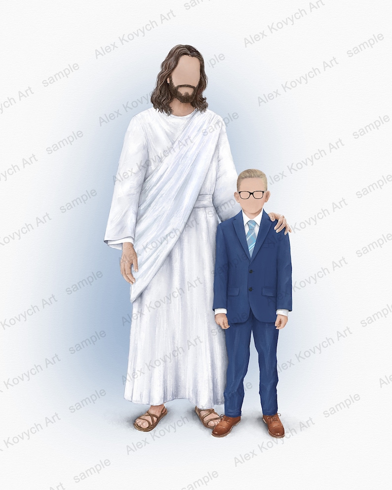 May include: An illustration depicts two figures: one in a white robe and sandals, the other in a blue suit, glasses, and a tie. The figures stand together against a light blue background. The artwork is signed "Alex Kovych Art sample".