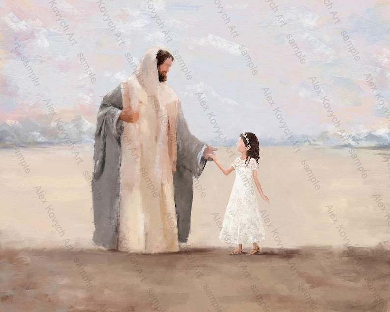 I Walk by faith, I am a Child of God, Lds Baptism, Jesus Watercolor painting with girl Brown hair, Lds Baptism Gift, LDS art image 4