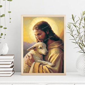 Jezus de goede herder, Jezus Christus en het lam, portret van Jezus, terug in zijn armen, aquarel Jezuskunst