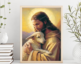 May include: A painting of Jesus holding a white lamb in his arms. The lamb is looking up at Jesus, and Jesus is looking down at the lamb with a gentle expression. The background is a soft yellow and orange, with a halo of light around Jesus's head.