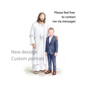 May include: Watercolor illustration of two figures. One figure is in a white robe, the other in a blue suit. Text reads "New design Custom portrait" and "Please feel free to contact me via messages".