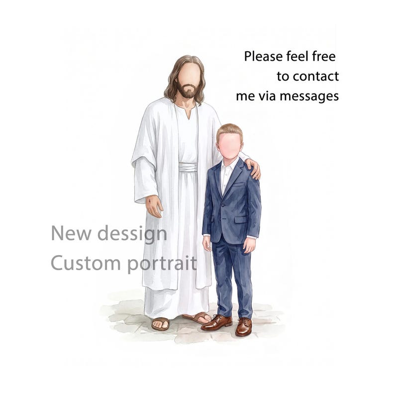 May include: Watercolor illustration of two figures. One figure is in a white robe, the other in a blue suit. Text reads "New design Custom portrait" and "Please feel free to contact me via messages".