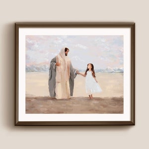 I Walk by faith, I am a Child of God, Lds Baptism, Jesus Watercolor painting with girl (Brown hair), Lds Baptism Gift, LDS art