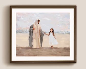 Camino por fe, soy un Hijo de Dios, Bautismo SUD, Pintura de acuarela de Jesús con niña (cabello castaño), Regalo de bautismo SUD, arte SUD