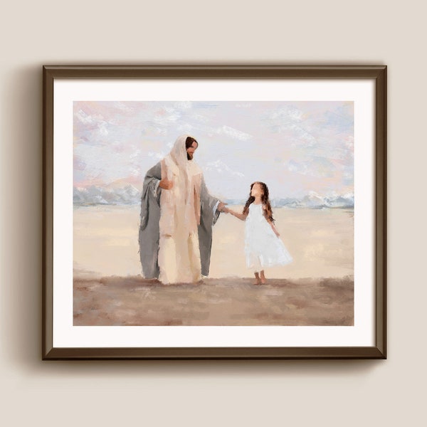 Ik loop door geloof, ik ben een kind van God, Lds doopsel, Jezus aquarel schilderij met meisje (bruin haar), Lds doop geschenk, LDS kunst