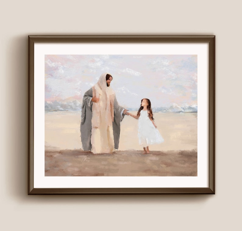 I Walk by faith, I am a Child of God, Lds Baptism, Jesus Watercolor painting with girl Brown hair, Lds Baptism Gift, LDS art image 1