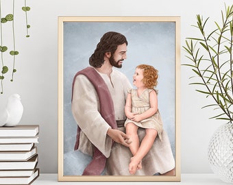 Jesus with a girl, Christ watercolor portrait with children, I am a child of God