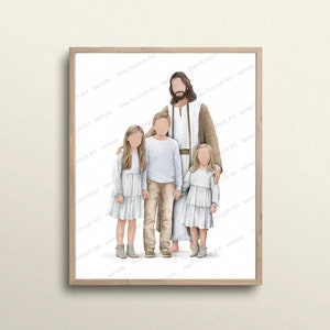 May include: A watercolour painting of a family with Jesus Christ. The family consists of two girls, a boy, and Jesus. The girls are wearing white dresses and brown boots. The boy is wearing a light blue shirt and brown trousers. Jesus is wearing a brown robe. The family are standing together, with Jesus in the centre.