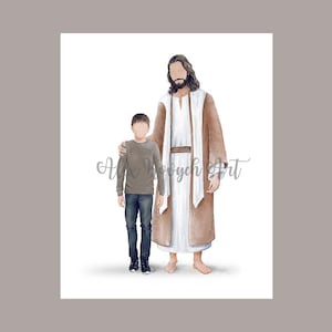 Jesus and boy faceless portrait (Brown, Black, Red-Brown hair), Baptism Gift printable, Jesus Painting with boy, LDS Wall Art
