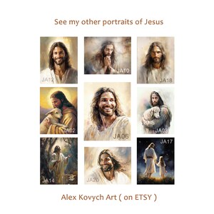 May include: A collage of nine different paintings of Jesus Christ. Each painting is framed in a white border and has a label with the artist's name and the painting's title. The paintings are arranged in a grid pattern. The text "See my other portraits of Jesus" is at the top of the collage. The text "Alex Kovych Art (on ETSY)" is at the bottom of the collage.