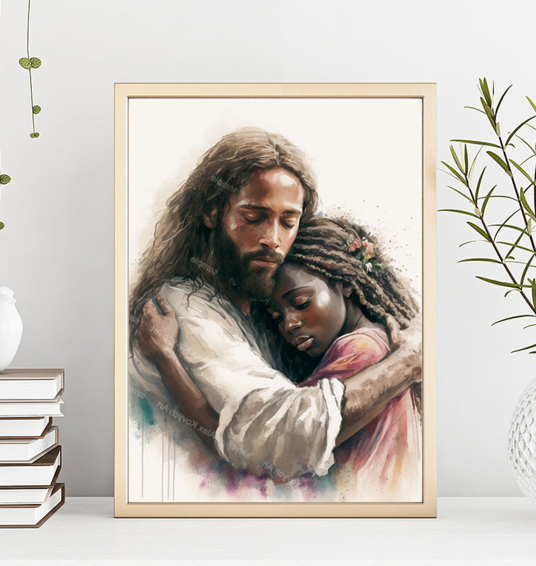 Jesus With a Black Girl, Jesus Art, Girl Hugging Christ, Jesus is Embracing  Girl, Christ Watercolor Portrait, Jesus With a Young Black Woman 