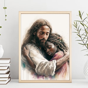 Jesus with a black girl, Jesus art, Girl Hugging Christ, Jesus is embracing girl, Christ watercolor portrait, Jesus with a young black woman