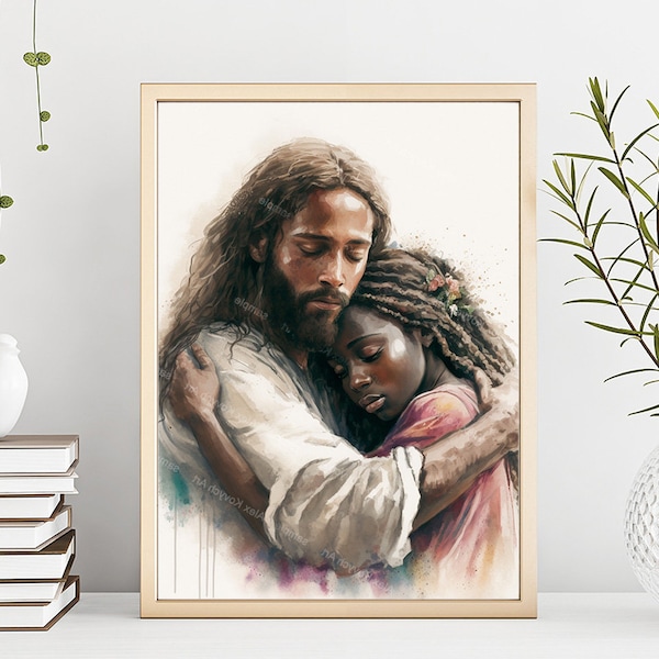 Jésus avec une fille noire, art de Jésus, fille étreignant le Christ, Jésus embrasse une fille, portrait du Christ à l'aquarelle, Jésus avec une jeune femme noire