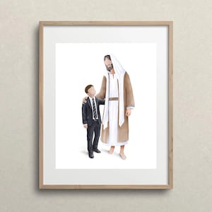 Jesus with a boy, Christ portrait with a children ( Brown hair ), LDS art, I walk by faith, Baptism gift LDS, CTR, Mormon art