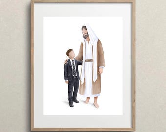 Jesus Christ and Boy Watercolor Print, LDS Baptism Gift (Digital Download) Brown hair