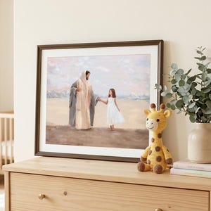 Retrato de Jesus com uma menina de cabelos ruivos e cor de morango, presente de batismo para menina, arte em aquarela SUD (download digital)