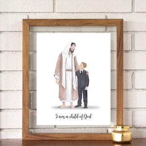 Jesus portrait with a boy, ( Dark Blond and Light Blond hair ) portrait Baptism, Jesus walking with a boy, I am a child of God,