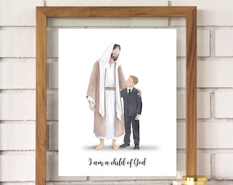 Jesus and Boy Watercolor Portrait, Baptism Gift (Digital Print)