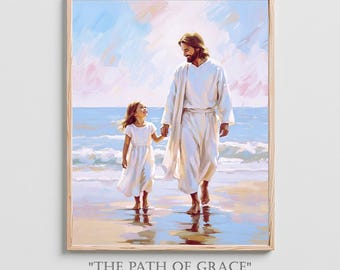 Jesus and Girl Seashore Painting, LDS Baptism Gift (Digital Print)