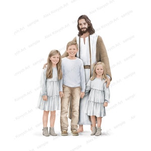 Custom family portrait with Jesus, Digital download, walking with Christ, Come follow Me, Mormon Art, Peace in Christ