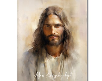 May include: A painting of Jesus Christ with long brown hair and a beard. He is wearing a white robe and looking directly at the viewer. The background is a soft beige color. The painting is signed "Alex Korych Art".