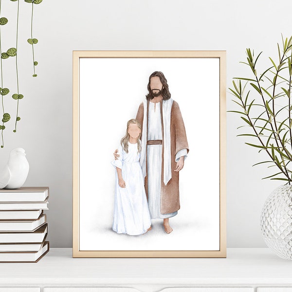 Jesus with children ( girl with Blonde hair ), portrait baptism, first communion art, Children of God, Jesus Painting, Peace in Christ