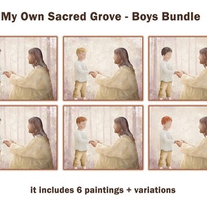 Bundle - My Own Sacred Grove, God comes to boy,  Jesus Christ with a boy, Christian modern minimalistic art, LDS Church