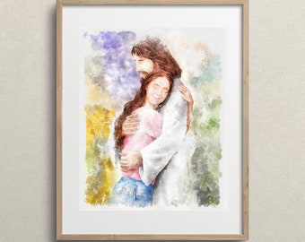 Jesus Hugging Girl, Christ Watercolor Portrait (Digital Download)