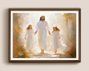 Lámina de acuarela de Jesús con niñas gemelas, retrato de bautismo (descarga digital)