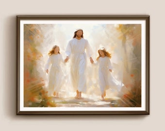 LDS baptism print with girls, Jesus with two little girl, Jesus portrait with twin girlі, baptism portrait,  Digital Download, baptism gift