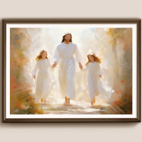 LDS baptism print with girls, Jesus with two little girl, Jesus portrait with twin girlі, baptism portrait,  Digital Download, baptism gift