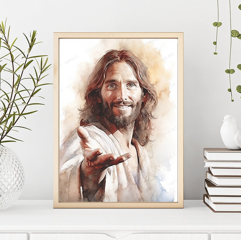 May include: A watercolor painting of Jesus Christ with long brown hair and a beard. He is wearing a white robe and has his hand outstretched towards the viewer. The background is a soft yellow and orange.
