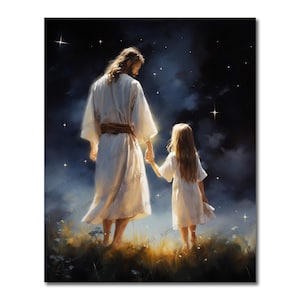 Walking with the Savior, Under the Starry Shepherd, Jesus Christ walking with girl, Printable Jesus art, Christian Painting