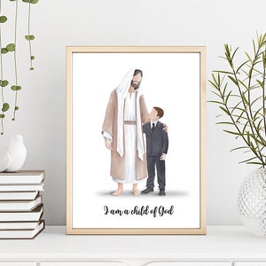 Jesus portrait with a boy, ( Brown hair ) portrait Baptism, I am a child of God, Christ walking with a boy