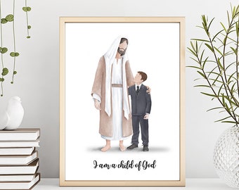Jesus Porträt mit einem Jungen, (braunes Haar) Porträt Taufe, ich bin ein Kind Gottes, Christus, der mit einem Jungen geht