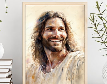 Jesus Art, Christ portrait, Laughing Christ, digital painting, smiles Jesus, Christian wall Art, Jesus Christ picture