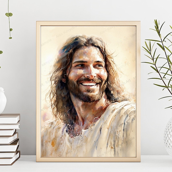 Arte de Jesús, retrato de Cristo, Cristo riendo, pintura digital, Jesús sonríe, arte mural cristiano, imagen de Jesucristo