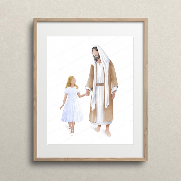 Impression d'art de Jésus (numérique), portrait de baptême, Jésus avec une fille (cheveux blond clair et châtain foncé), marcher avec Jésus, art du Christ