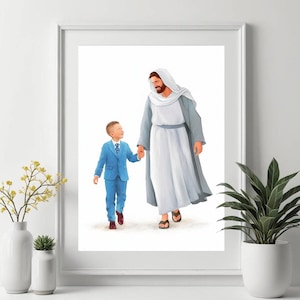 Jesus portrait with a boy Blonde hair, Come Follow Me, portrait Baptism, I am a child of God, LDS baptism print, Christ with children art