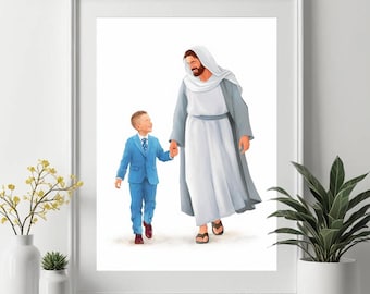 Christ and Boy Watercolor Portrait, Baptism Gift (Digital Print)