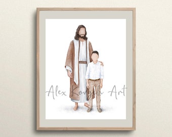 I walk by Faith, Jesus and boy faceless portrait (Brown hair), I am a Child of God, Jesus Painting with a boy DIGITAL download