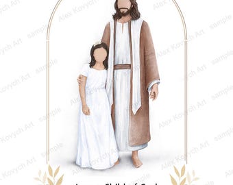 Personalized Jesus and Girl Baptism Print, Hairstyle Customization (Digital Download)