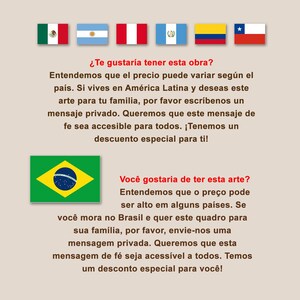 May include: Image featuring flags of several Latin American countries, including Mexico, Argentina, and Brazil. Text in Spanish and Portuguese offers a special discount and encourages private messaging for art inquiries. The flags are arranged at the top of the image.