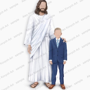 May include: An illustration depicts two figures: one in a white robe and the other in a blue suit. The figure in the robe has long brown hair and a beard. The other figure is a young boy. Both figures are standing close together.