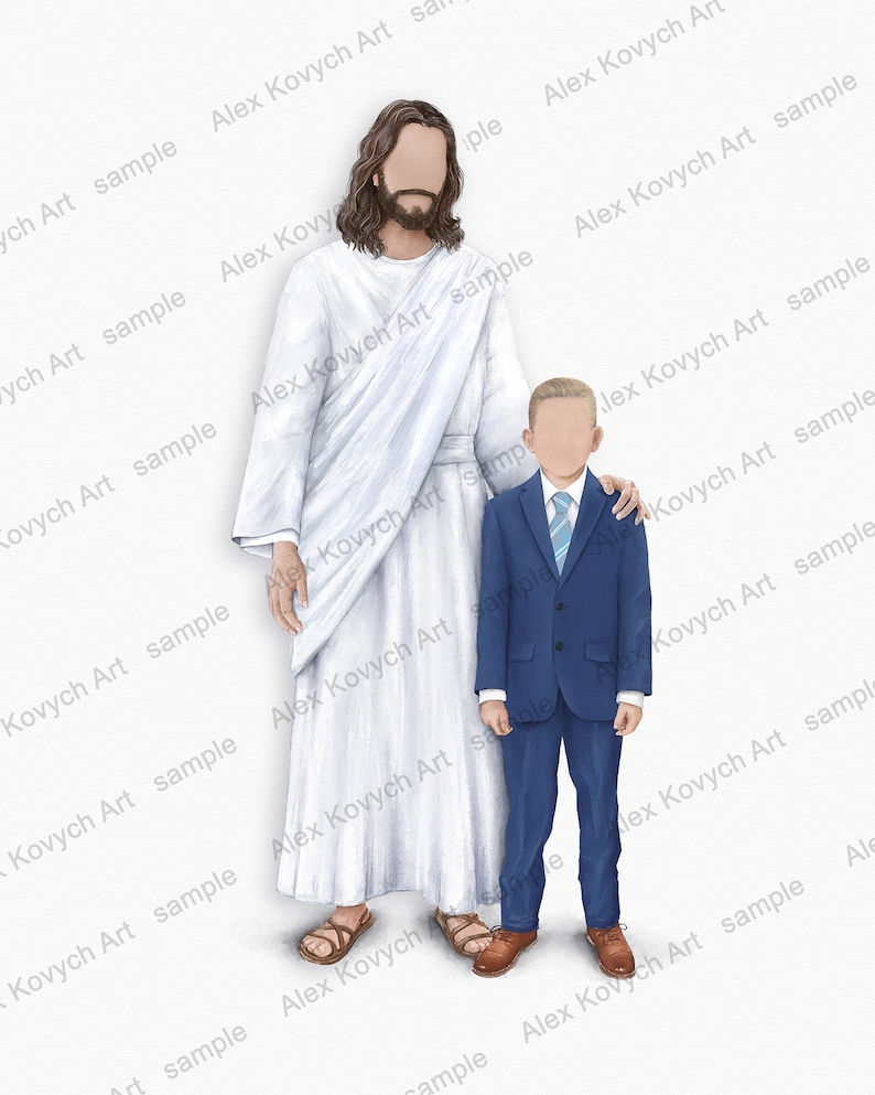 May include: An illustration depicts two figures: one in a white robe and the other in a blue suit. The figure in the robe has long brown hair and a beard. The other figure is a young boy. Both figures are standing close together.