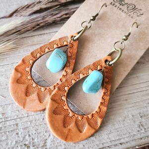The Waylon - Hand Tooled Leather Hoop Teardrop Earrings - Turquoise Western Earrings